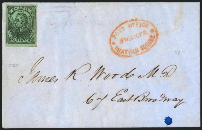 Swarts City Dispatch Post, New York N.Y., (2c) Black on Light Green Glazed (136L1).> Large even margins, uncancelled, on part-printed folded notice from Oct. 1849 to local street address, red Post Office,
Chatham Square, Swarts oval handstamp, sta