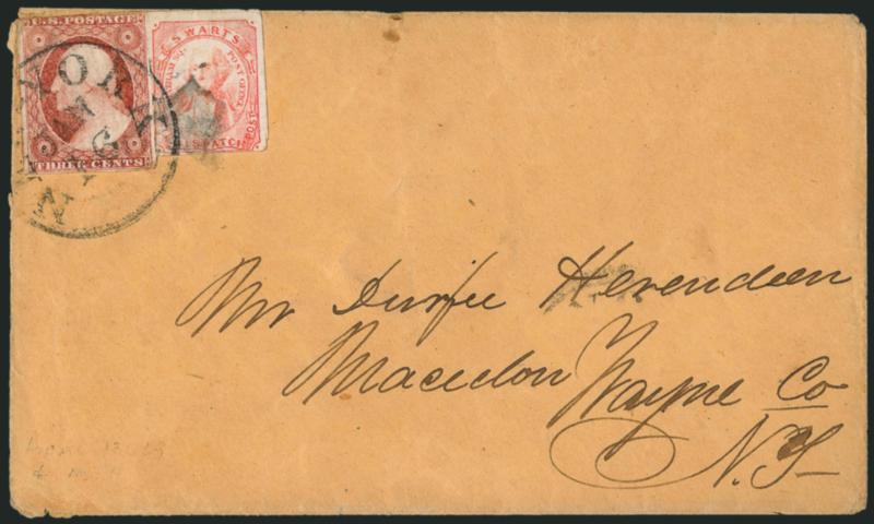 Swarts City Dispatch Post, New York N.Y., (1c) Red on Wove (136L9).> Large margins to in, bright color, used with 3c Dull Red, Ty. II (11A), both tied by New-York Jan. 16 circular datestamp on buff cover to
Macedon N.J., 3c with light corner creas
