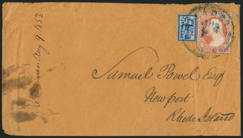Teese & Co. Penny Post, Philadelphia Pa., (1c) Blue on Bluish (137L1).> Large margins to clear, used with 3c Dull Red, Ty. II (11A) and <tied by blue Philadelphia Pa. Aug. 7> circular datestamp on 1853 cover to
Newport R.I., local with tiny corner