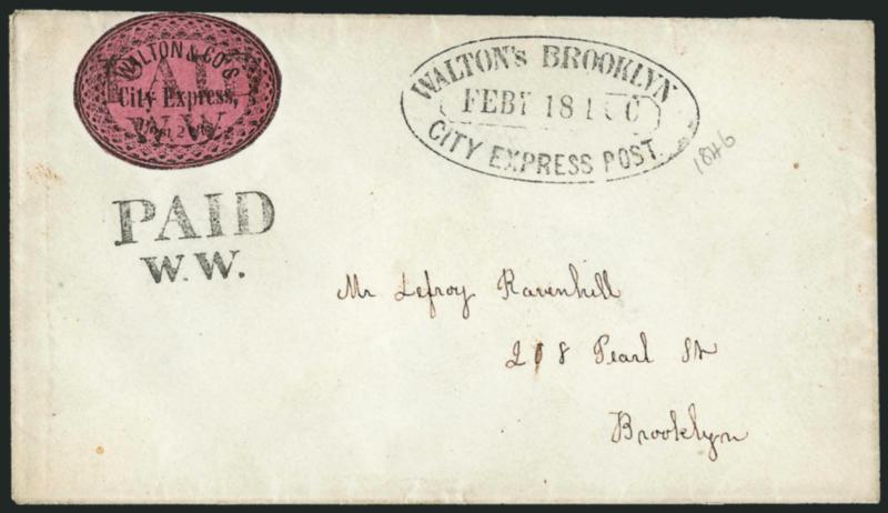 Walton & Co.s City Express, Brooklyn N.Y., 2c Black on Pink Glazed (142L1).> Neatly cut to oval shape, cancelled by PaidW.W. two-line handstamp, second strike and equally sharp Waltons Brooklyn City Express
Post, Feby. 18 4 OC oval datestamp