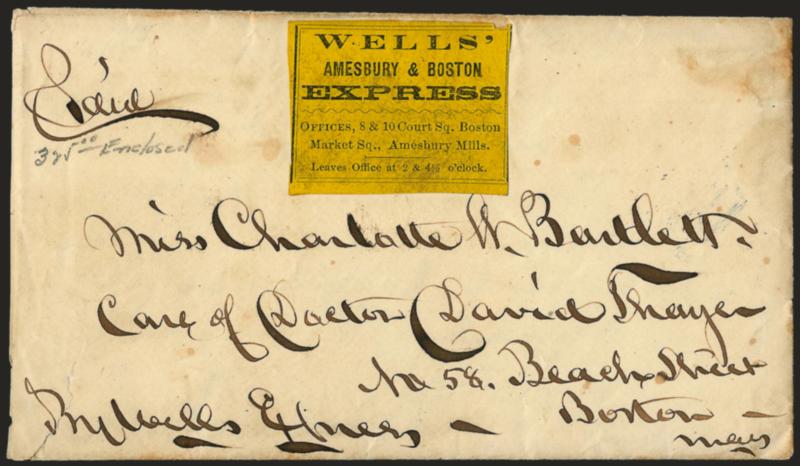 Wells Amesbury & Boston Express.> Yellow label on cover to Boston, with original enclosure datelined <<Amesbury Jany. 16, 1868>>, barely reduced at left, minor wear, Very Fine