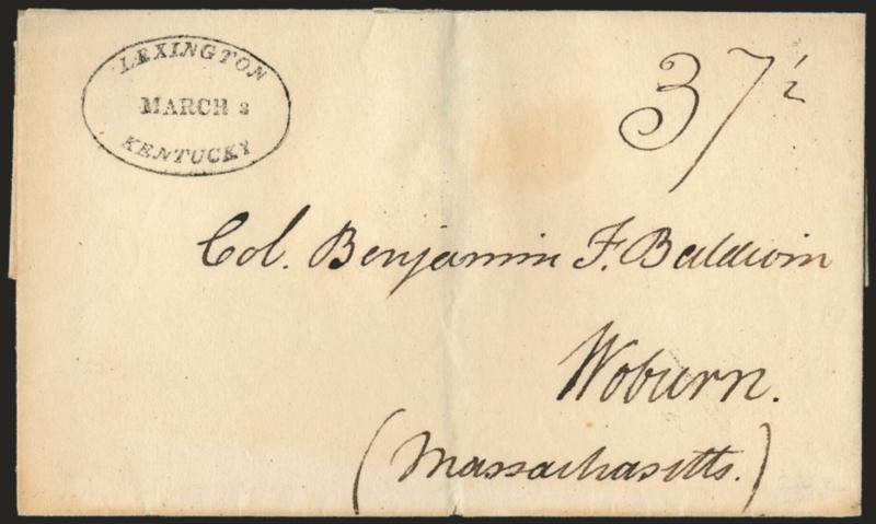 Lexington Kentucky, March 3.> Well-struck oval datestamp with ms. 37-12 rate on folded cover to Woburn Mass., trivial split along fold at top, Very Fine