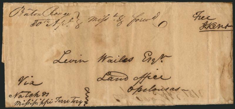 Baton Rouge 30th Apl. Miss. & ford.> Ms. pmk. on folded letter datelined <<Washington 2nd April 1812>> and addressed to the Land Office in Opelousas, endorsed <<Via Natchez Mississippi Territory>>, fascinating
contents incl. <<A law has passed