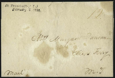 St. Francisville.> Three covers from 1815, incl. one with (L.) and two with (Lou.), each with <War of 1812 Surcharge Rate> incl. 12c, 15c and 25-12c, some soiling, overall Very Fine, attractive group, ASCC
for the St. Francisville markings $2,15
