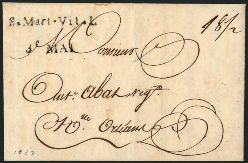 S*Mart*Vil.L 3 Mai.> Well-struck boxed handstamp with box barely showing, ms. 18-12 rate on folded cover with original contents to New Orleans, fresh and Very Fine, ASCC $1,000.00