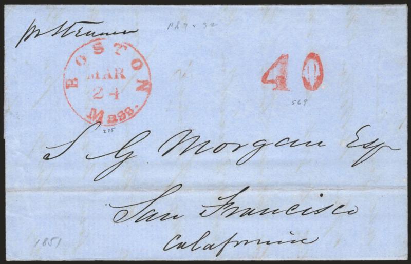Boston to San Francisco.> Blue 1851 folded letter with red Boston Mass. Mar. 24 circular datestamp and matching <40 transcontinental rate> handstamp, light file fold at bottom, Very Fine