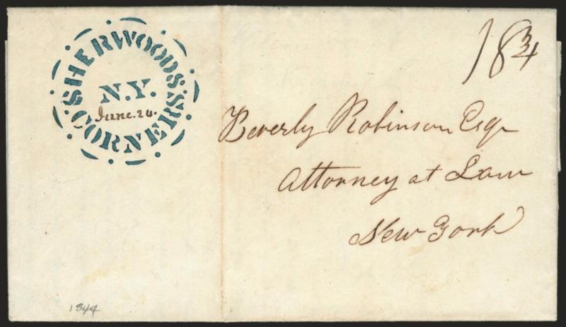 Sherwoods Corners N.Y.> Perfectly applied greenish-blue <stencil> town marking with circle of dots and dashs, ms. June 20 date and 18-34 rate on 1844 folded letter to new York City, neat file fold, Extremely
Fine, a fantastic strike of this scar