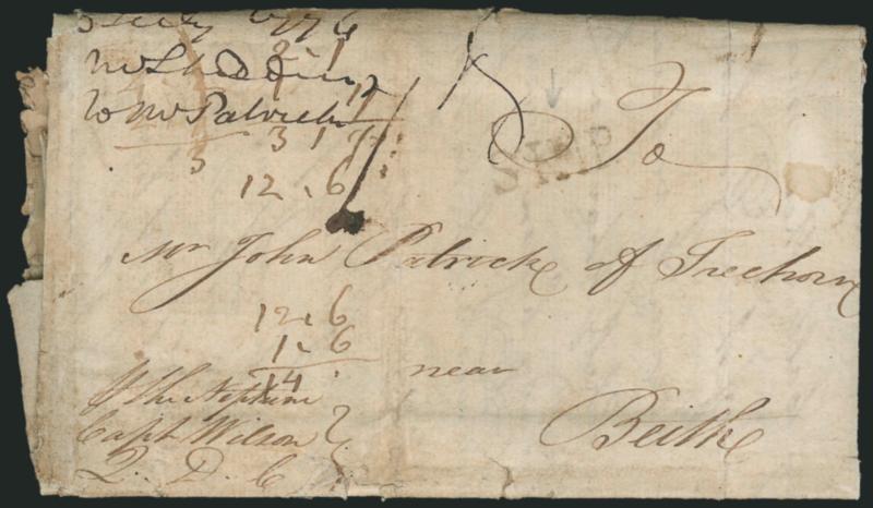 (Virginia, 1776) Virginia, 6 July 1776.> Receipt docketing on large part of folded letter written <two days after Declaration of Independence> from William Shedden to John Patrick in Scotland, senders routing
<<p. the Neptune, Capt. Wilson, Q.D.C
