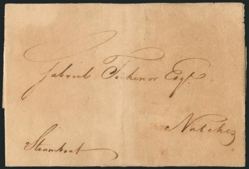 Steamboat.> Ms. endorsement on folded letter datelined <<New Orleans June 6th 1812>> some overall toning, Very Fine, carried aboard the <<New Orleans,>> the first steamboat on the Mississippi which sank at
Baton Rouge on July 12, 1814
