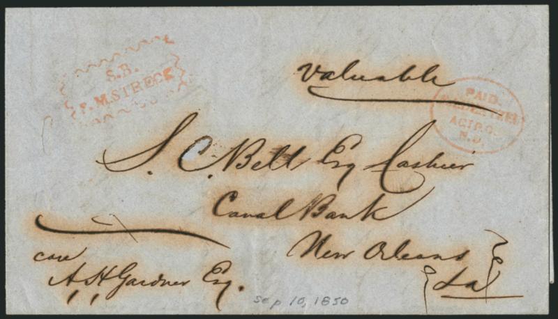 S. B. F.M. Streck.> Red handstamp on folded letter datelined <<Donaldson Sept. 10, 1850>> to New Orleans, matching Paid F. A. Dentzel, Agt. P.O. N.O. oval handstamp, trivial ink erosion around address, Very
Fine