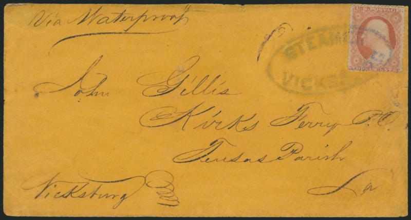 3c Dull Red, Ty. III (26).> Tied by <ultramarine Steamer Vicksburg> handstamp on orange cover to Kirks Ferry P.O. La., endorsed <<Via Waterproof>> at top left, stamp with corner crease at top right, some
overall wear, otherwise Fine, unusual wit