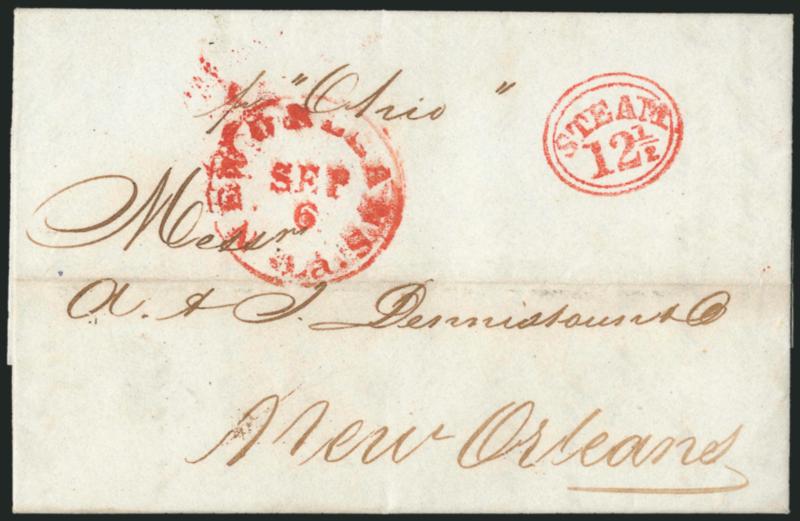 Inbound Steamship Covers.> Four, incl. one from Havana to New Orleans with red Steam 12-12 oval handstamp (1850) another from Chagres to Boston via New Orleans and carried on the <<Falcon>> with 30 in
double-circle and Steam handstamps anoth