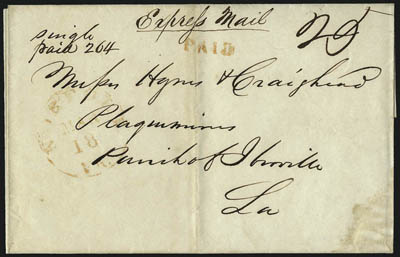 Express Mail Covers.> Seven, from 1837-45, usages incl. St. Francisville to Conn. and New York, others from New Orleans to Penn., N.Y. (3), rates incl. 75c, $1.50, $2.25 and $3.00, overall fresh and Very
Fine