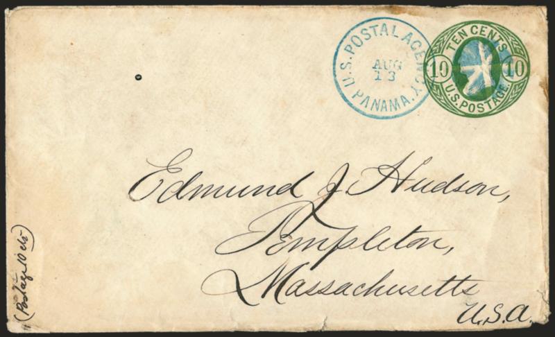 U.S. Postal Agency, Panama, Aug. 13.> Well-struck blue circular datestamp with matching circle of wedges cancel on <10c Yellow Green entire (U40)> to Templeton Mass., some minor edgewear<><>VERY FINE. ONE OF
THE FEW KNOWN EXAMPLES OF THE U.S. POSTA