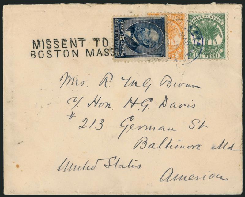 5c Indigo (216).> Affixed partly over <Samoa, 1887, 1p Yellow Green, and 2p Orange (Odenweller B2b, B3b),> cancelled by faint cork grid, tied by blue Apia, Samoa Mar. ? double-circle datestamp on 1889 cover to
Baltimore Md., 5c also tied by <Misse