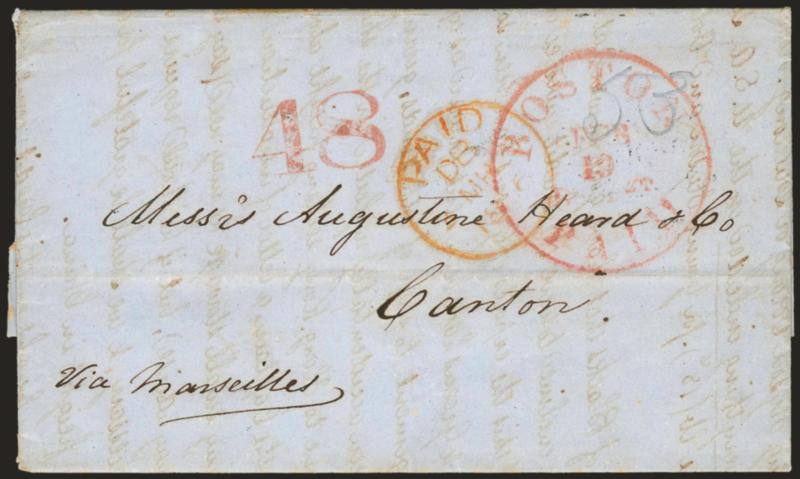 Boston to Canton, China.> Blue folded letter with large red Boston Paid Feb. 19 circular datestamp <to Canton, China,> matching 48 credit handstamp, endorsed <<Via Marseilles>>, 1856 London transit, Hong Kong
backstamp, Very Fine