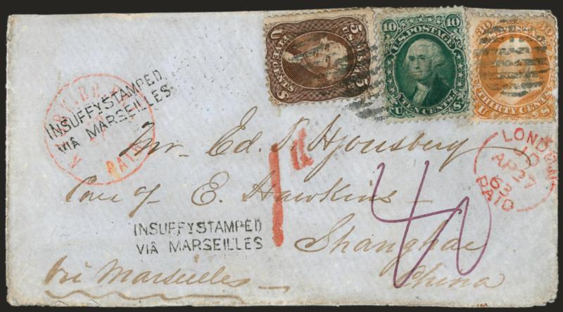 30c Orange (71).> Used with <10c Yellow Green (68) and 5c Brown (76),> tied by grids, red N. York Br. Pkt. Paid Apr. 14 circular datestamp on cover <to Shanghai, China,> red 1863 London transit, two strikes of
nsuffy Stamped via Marseilles> han