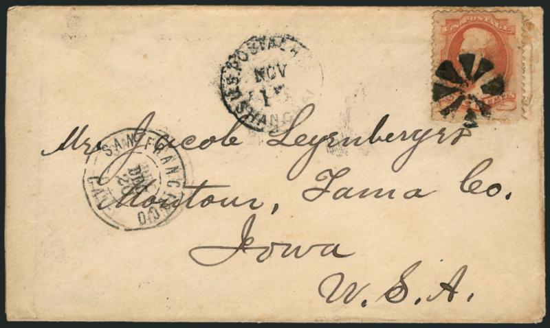 6c Dull Pink (159).> Tied by bold circle of wedges, matching <U.S. Postal Agency, Shanghai, Nov. 15> circular datestamp on cover to Montour Iowa, neat San Francisco Cal. Dec. 20 double-circle datestamp, stamp
with diagonal crease at top, some soi