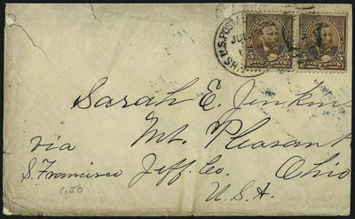 5c Chocolate (223).> Five covers, incl. four with singles and one with pair, latter with blue Nanking Local Post backstamp, each tied by <U.S. Postal Agency, Shanghai> duplexes and each addressed to Mt.
Pleasant O., used between 1892-95, generall