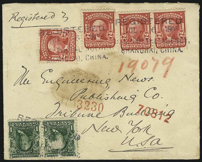 Used from U.S. Offices in China.> Twelve covers or cards, most bearing either 1c or 2c 1902 Issue (300, 301 or 319) with one bearing 4c, all used from Shanghai and with few different markings, generally
defective but still a useful group