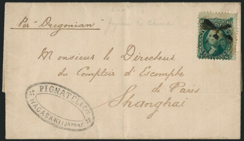 10c Yellow Green, F. Grill (96).> Centered to bottom left, cancelled by Japanese chop on folded letter datelined <<Nagasaki le 25 Janvier 1870>> and addressed <to Shanghai, China,> endorsed <<Per Oregonian>>
and with company handstamp at bottom l