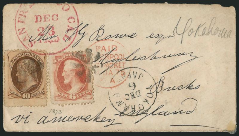 6c Dull Pink, 10c Brown (159, 161).> Tied by cork, <Yokohama, Japan Dec. 6 (1874)> circular datestamp on cover <to Aylesbury, England,> magenta San Francisco Cal. Paid Dec. 23 transit also ties stamps as does
Liverpool Packet marking (Jan. 1875),