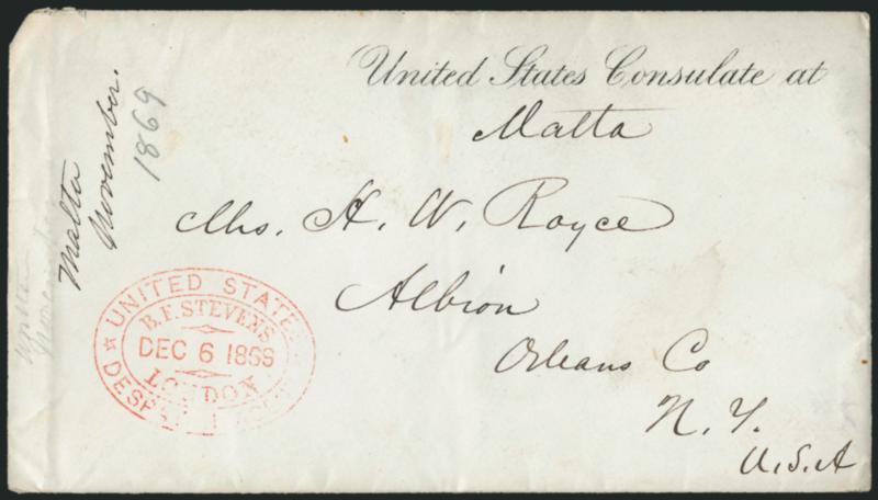 United States Consulate at Malta.> Corner card with Malta in ms. on cover to Orleans N.Y., red <United States Despatch Agent, B.F. Stevens, London, Dec. 6, 1869> oval datestamp, with original contents, Very
Fine