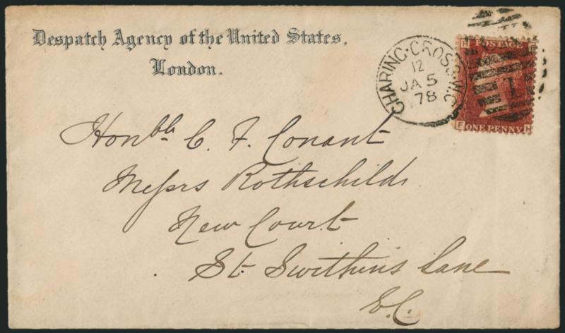 GREAT BRITAIN, 1864, 1p Rose Red (33).> Plate 204, tied by Charing Cross W.C. JA 5 78 duplex on cover to New Court, with <Despatch Agency of the United States. London> corner card, red receiving backstamp, tiny
cover edge tear, Very Fine