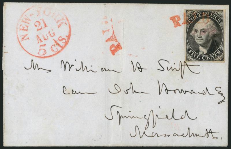 New York N.Y., 5c Black, ACM Initials (9X1).> Large margins, tied by red Paid arc, second strike at left, on folded cover to Springfield Mass., red New-York 5cts. Aug. 21 integral-rate circular datestamp, Very
Fine