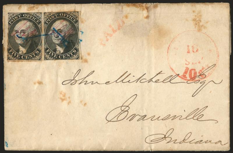 New York N.Y., 5c Black, ACM Initials (9X1).> Horizontal pair, large margins to just in, tied by blue penstrokes, light strike of red Sep. 16 circular datestamp and matching Paid handstamp on 1846 folded letter
to Evansville Ind., stains and toni