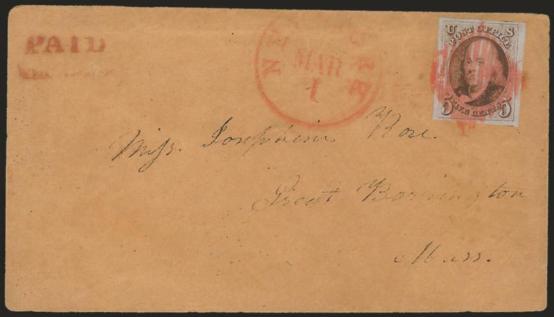5c Red Brown (1).> Large margins all around, tied by red square grid, matching New-York Mar. 1 circular datestamp on buff cover to Great Barrington Mass., also with red <Paid handstamp applied by Swarts,>
trivial wear, Very Fine, with 1979 P.F. c