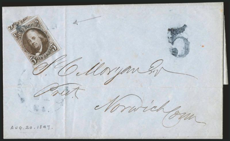 5c Blackish Brown (1a var).> Large margins to clear incl. significant portion of adjoining stamp at top, extraordinary pitch-black shade, tied by blue-black <Paid and pointing hand> handstamp, matching <5 rate
handstamp> and indistinct Hartford