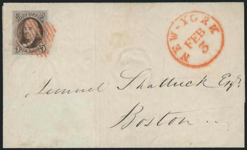 5c Dark Brown (1a).> Large margins to full, rich color described on accompanying certificate as Blackish Brown, tied by red square grid, matching New-York Feb. 3 circular datestamp on folded tissue cover to
Boston, Very Fine, a pretty cover, with 1