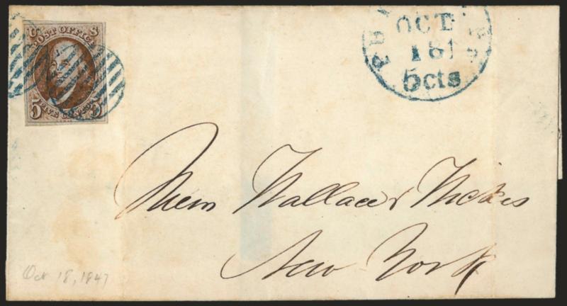5c Red Brown (1).> Large margins to full, rich color, tied by two strikes of <blue grid,> matching Philada. Pa. 5cts. Oct. 16 integral-rate circular datestamp on 1847 cover to New York, light file folds clear
of stamp, Very Fine