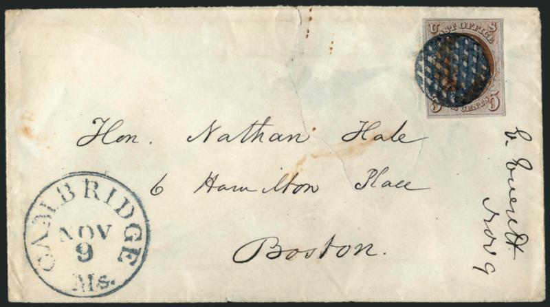 5c Red Brown (1).> Large margins to clear, tied by blue waffle-grid, matching Cambridge Ms. Nov. 9 circular datestamp on cover to Boston, docketing at left indicates this was sent from <Edward Everett> (famous
orator and unsuccessful VP candidate)