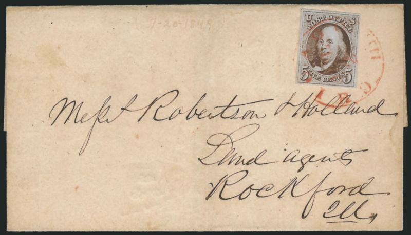 5c Red Brown (1).> Large and even margins, tied by red Chicago Ill. Jul. 2 circular datestamp on 1849 folded cover to Rockford Ill., faint trace of ink writing at top, Very Fine, ex Craveri, with 2003 P.F.
certificate