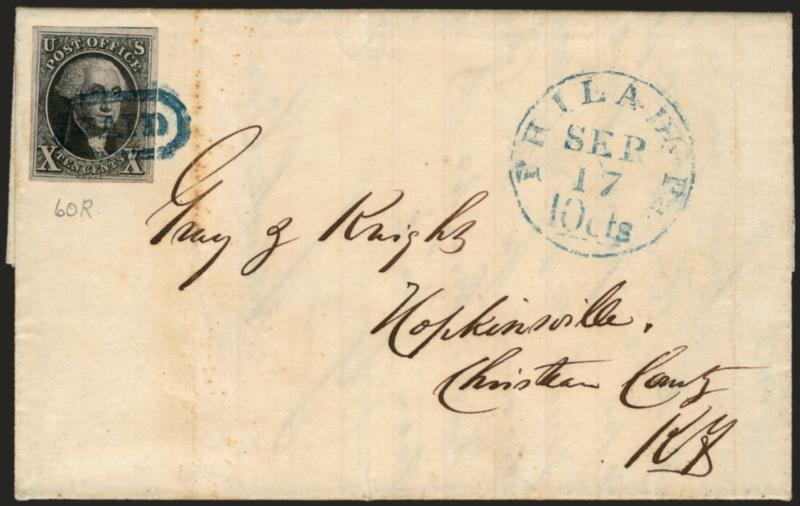 10c Black (2).> Position 60R, large margins including part of adjoining stamp at top, beautiful early shade and impression, tied by perfect strike of blue Paid in oval on 1847 folded letter to Hopkinsville Ky.,
matching Philada. Pa. 10 Sep. 17 in