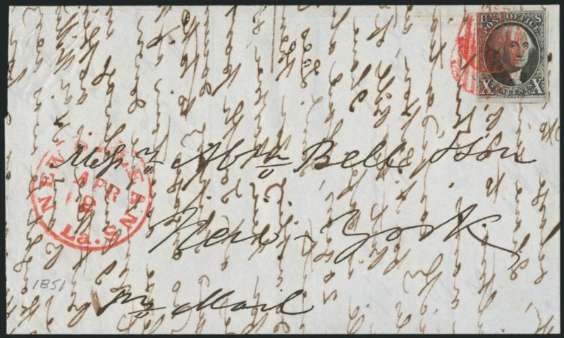 10c Black (2).> Large margins to slightly in, tied by red grids, matching New Orleans La. Apr. 2 circular datestamp on 1851 folded letter to New York, ink bleeds thru, slightly affecting stamp, which is also
faintly creased along top, otherwise Fin