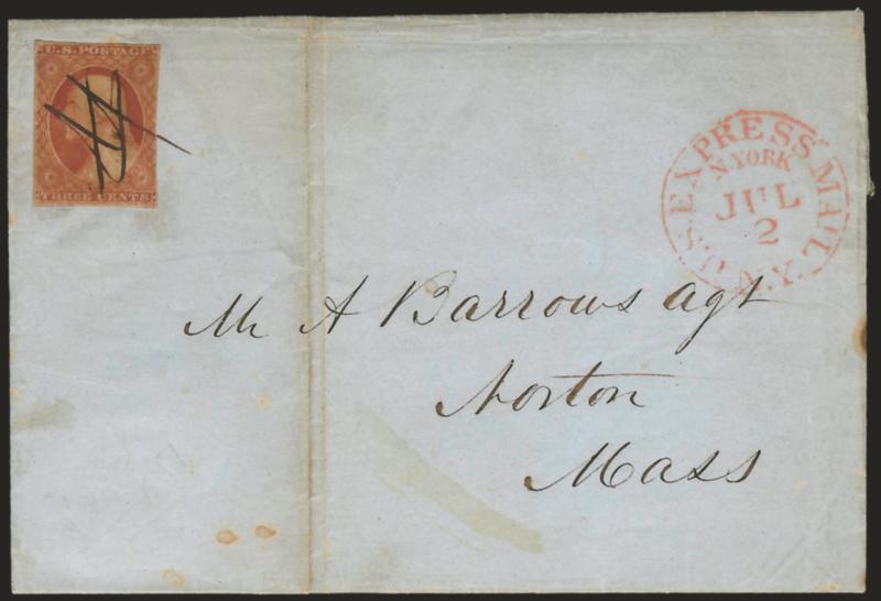 3c Orange Brown, Ty. I (10).> Large margins to just in, light corner creases at top left, tied by penstrokes, <U.S. Express Mail N.Y. N. York Jul. 2 1851 Second Day> circular datestamp on folded letter to
Norton Mass., vertical file fold well away