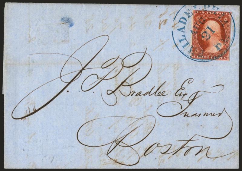 3c Orange Brown, Ty. II (10A).> Large margins to barely touched, distinctive shade, tied by <blue> Philadelphia Pa. Aug. 2 circular datestamp on blue 1851 folded letter to Boston, faint horizontal file fold
well clear of stamp, Very Fine, a pretty