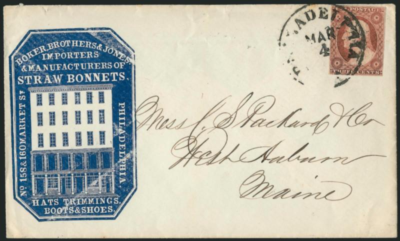 3c Dull Red, Ty. II (11A).> Full margins to just touched, tied by Philadelphia Pa. Mar. 4 circular datestamp on cover with <hat manufacturers blue illustrated cameo corner card> to West Auburn Me., small tear
at top left does not affect design, Ve