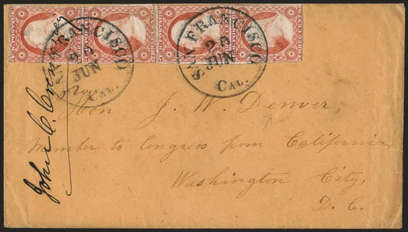 3c Dull Red, Ty. II (11A).> Two vertical pairs, tied by San Francisco Cal. 20 Jun. circular datestamps on cover to Washington D.C., with original 1856-dated enclosure, docketing also ties one pair, stamps with
few flaws, otherwise Fine double-rate