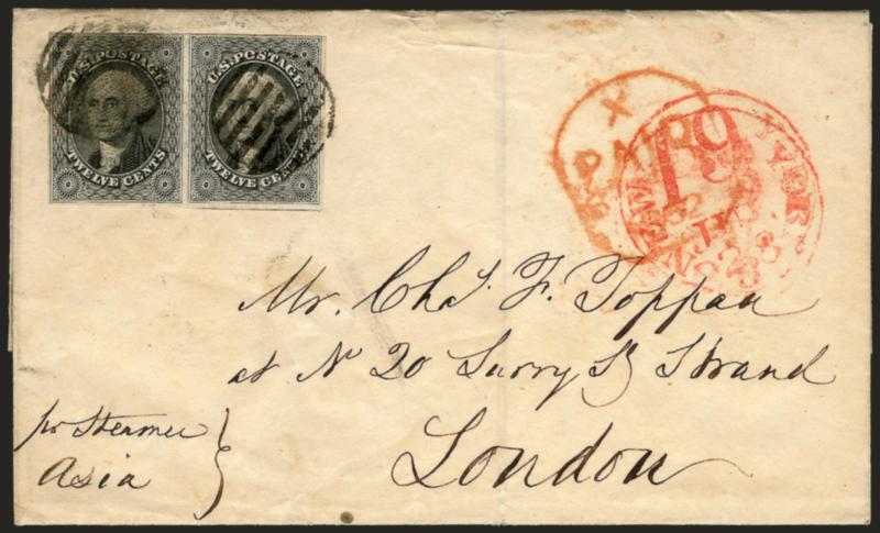 12c Black (17).> Horizontal pair, large margins to just barely in at top, tied by grid cancels, red New York 19 Jul. 28 credit datestamp on 1852 folded letter <from Charles Toppan> to his son in <London,
England,> Very Fine, nice item from one of t