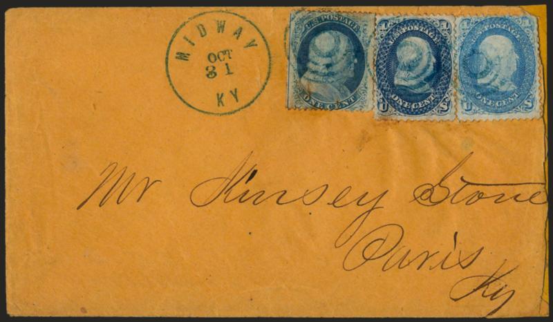 1c Blue, Ty. V, 1c Blue (24, 63).> Two No. 63s, tied by blue targets, matching Midway Ky. Oct. 31 circular datestamp on buff cover to Paris Ky., with letter enclosure, No. 24 and one No. 63 with small toned
spots, cover repaired at right not affec