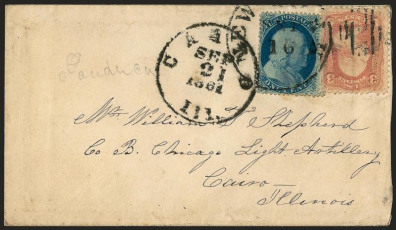 1c Blue, Ty. V (24).> Used with 3c Rose (65), tied by New-York Sep. 16 (1861) circular datestamp and duplex grid on small cover to member of Chicago Light Artillery, Cairo Ill., bold Cairo Ill. Sep. 21, 1861
circular datestamp and pencil <<Paduc