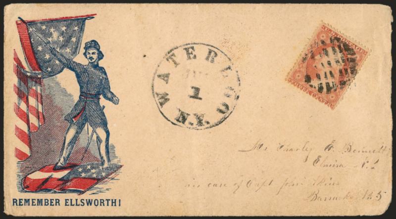 3c Dull Red, Ty. III (26).> Tied by segmented cork, Waterloo N.Y. Jul. 1 circular datestamp on red and blue <Remember Ellsworth! Patriotic> cover to Elmira N.Y., addressed <<in care of Capt. John Akins, Barrack
No. 5>>, some edgewear, Very Fine