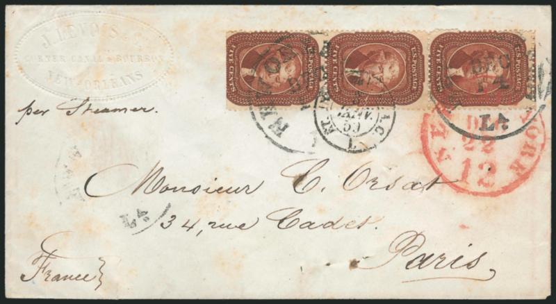 5c Indian Red (28A).> Vertical strip of three, tied by New Orleans La. Dec. 14 circular datestamps on 1858 embossed corner card cover <to Paris, France,> right stamp also tied by red New York Paid 12 Dec. 22
credit datestamp, other two tied by bl
