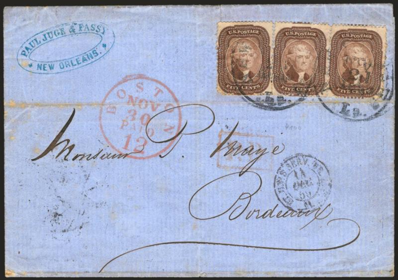 5c Brown (29).> Horizontal pair and single which originally formed a strip of three, perfs scissors-separated, tied by New Orleans La. Nov. 21, 1859 circular datestamps on blue folded cover <to Bordeaux,
France,> red Boston Paid 12 Nov. 30 credit