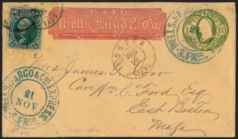 10c Dark Green, First Design (62B).> Rich color, used on <10c Yellow Green on Buff entire (U41)> with Wells, Fargo & Co. red printed frank, cancelled by blue Wells, Fargo & Co.s Express, S. Frco., Nov. 21
double-circle datestamp, second strike at
