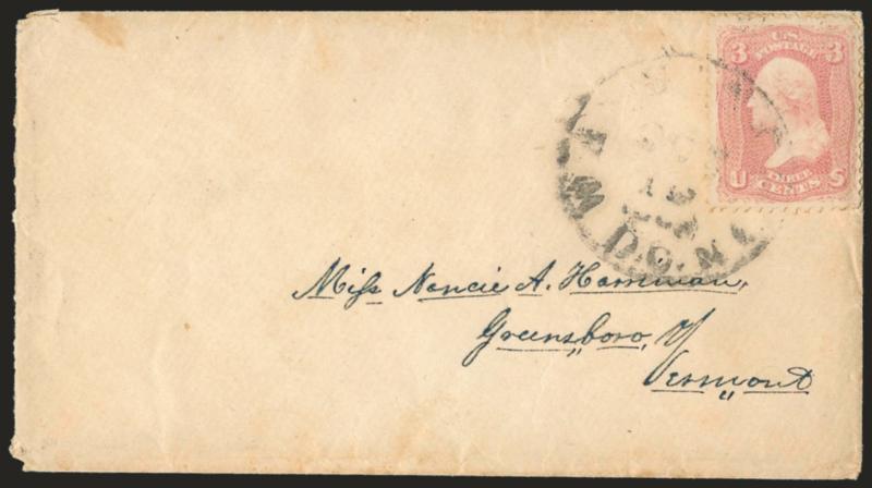 3c Pink (64).> Tied by Washington D.C. double-circle datestamp on cover to Greensboro Vt., tiny tears and small creases, otherwise Fine, with 2007 P.F. certificate
